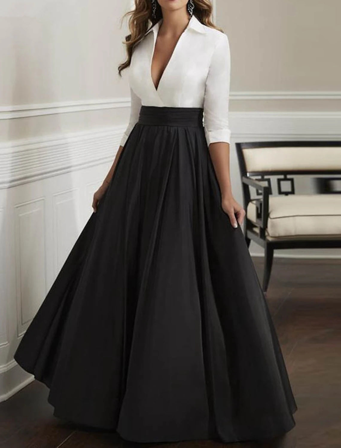 Abito da sera a trapezio, colore nero, taglia comoda, per invitati a matrimoni, serate, feste, lunghezza al pavimento, manica a 3/4, colletto a camicia, raso italiano con stampa